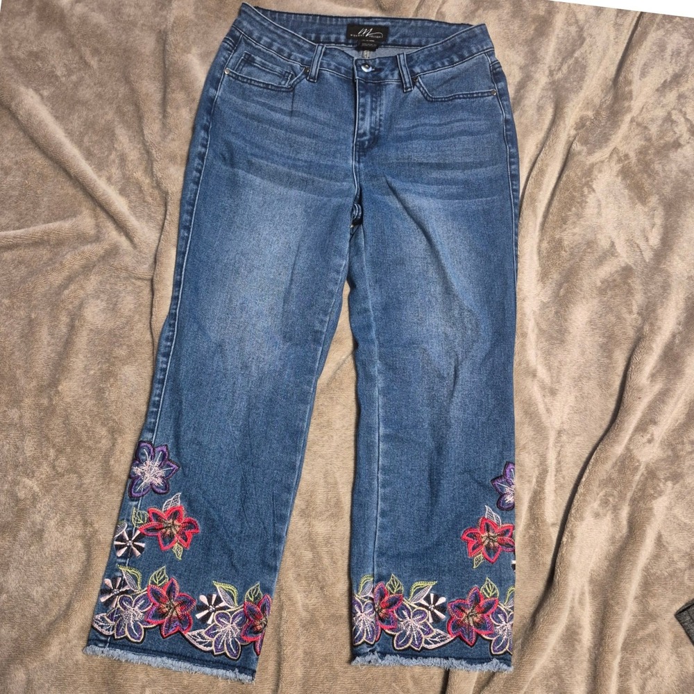 Midnight Velvet Floral Embroidered Raw Hem Straight Leg Jeans Blue Womens 10